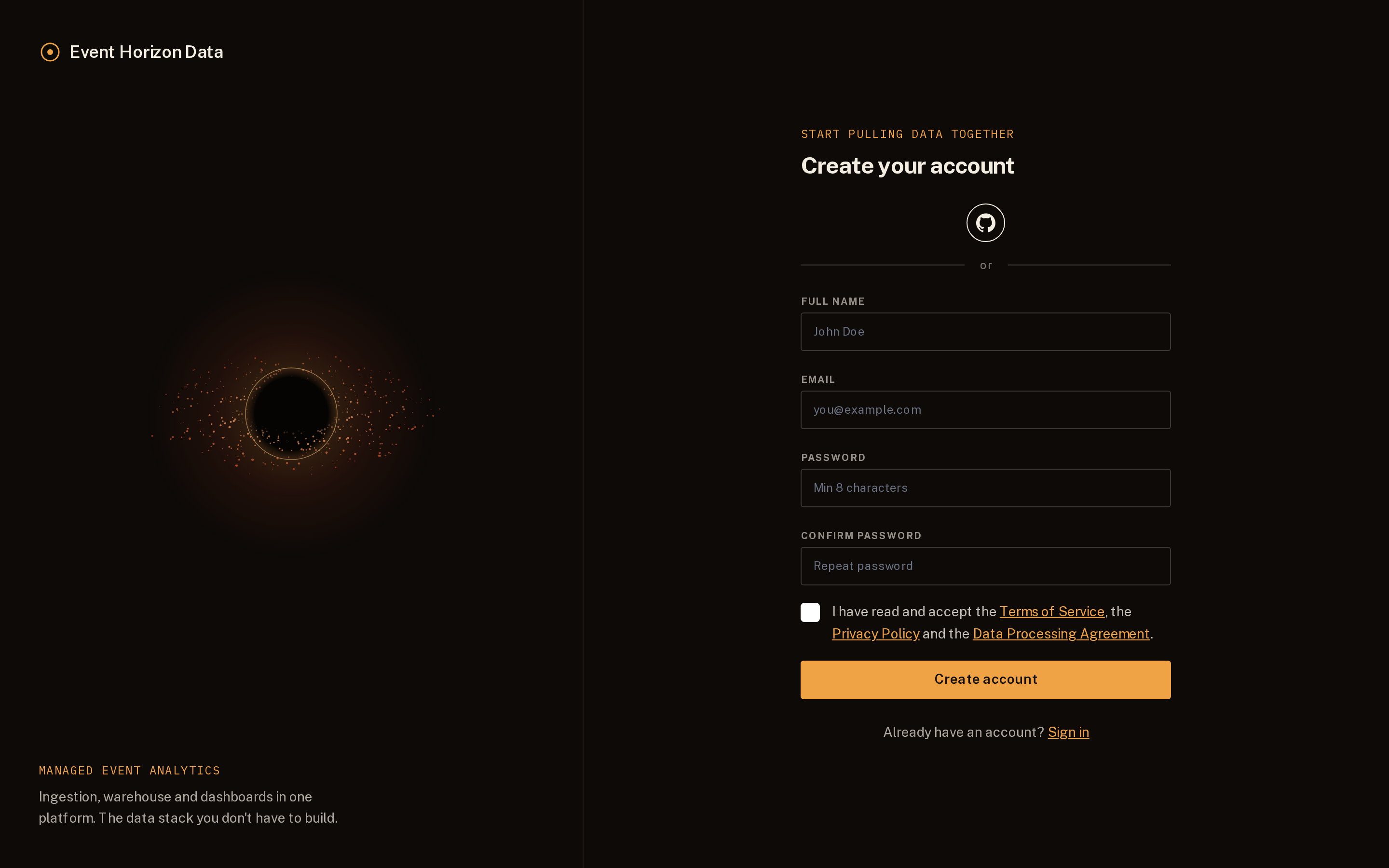 The Event Horizon Data sign-up form