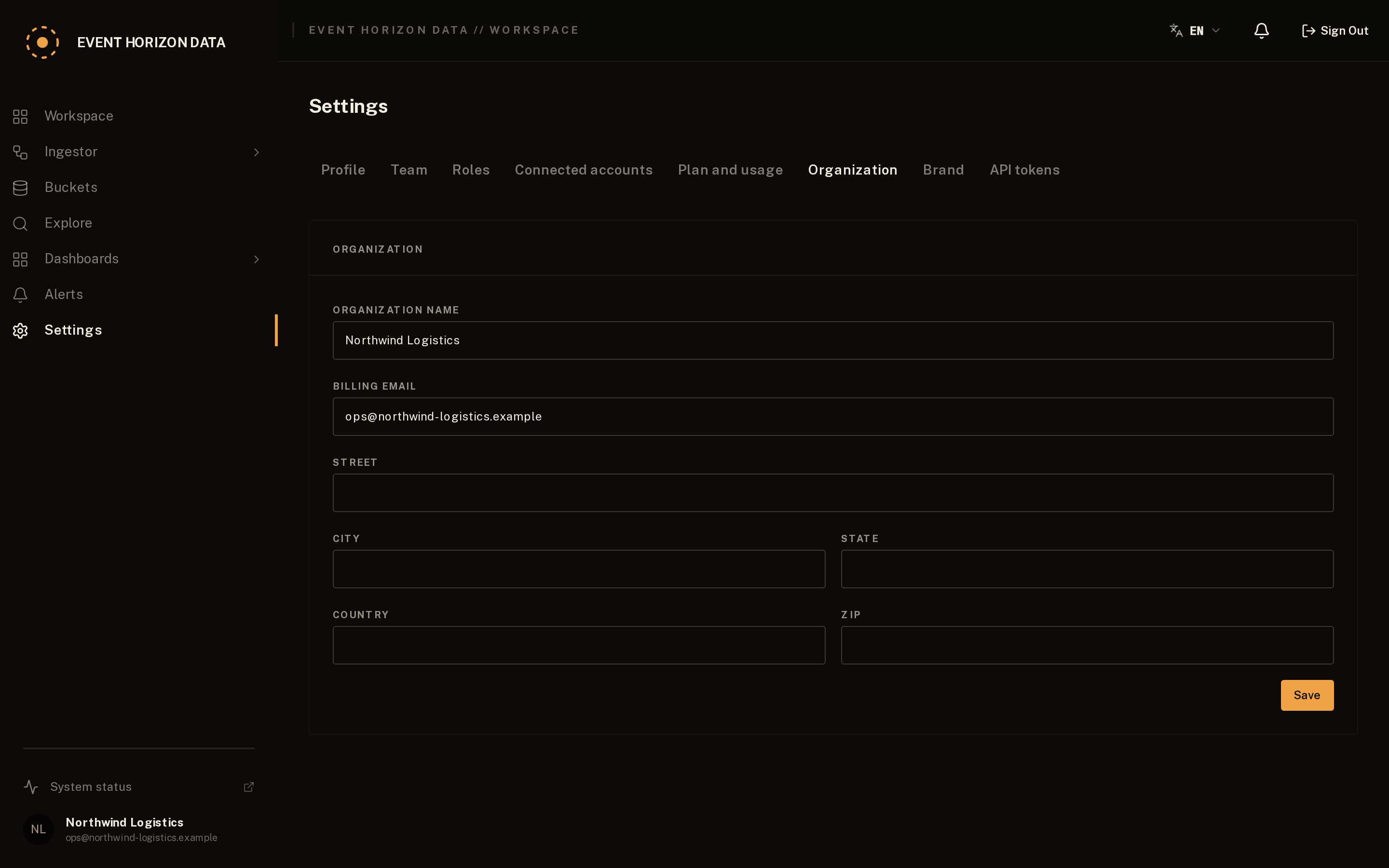 The Organisation tab in Settings, with the company name, email and address